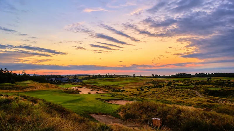 Links golf course at sunset near Bandon, Oregon